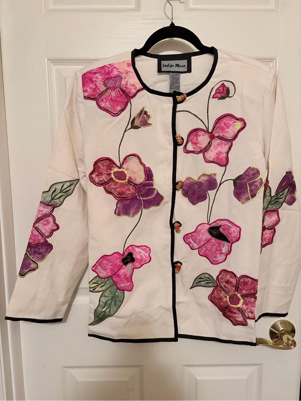 Indigo Moon Cream Floral Embroidered Jacket with Pink & Purple Appliqué Accents